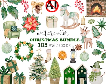 Watercolor Christmas Bundle 105 PNG, Hand Painted Winter Holiday Elements, Wreath, Ornaments Christmas Decor