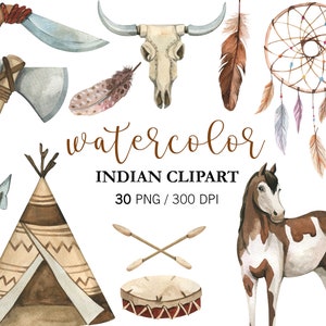Watercolor American Indian Clipart, Tribal Clipart, Nursery Decor, PNG, Native America, Boho Clipart,  tribal, feathers, Wild West,