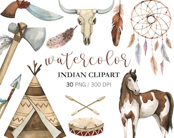 Akvarell indian clipart: Tribal huvudbonader, fjädrar (PNG digital nedladdning)