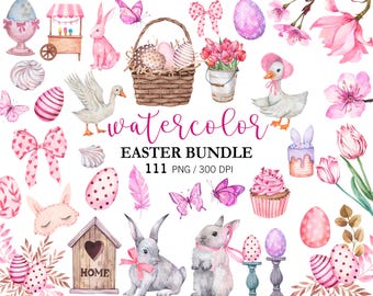 Pink Easter BIG BUNDLE PNG, Watercolor Bunnies, Easter wreath, Eggs, Butterflies, Spring holiday clipart, Spring Blossom Flowers