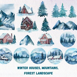 Akvarell berg clipart, Vintercirkelkonst, Landskap clipart, Akvarell vinterhus clipart, Natur clipart, Bergbakgrund, PNG