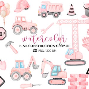 Puede incluir: Conjunto de imágenes prediseñadas de acuarela con vehículos y herramientas de construcción rosas, que incluyen un camión volquete, una grúa y un tractor. El conjunto también incluye una señal de stop, un cono de tráfico y globos. Se muestra el texto "watercolor PINK CONSTRUCTION CLIPART".