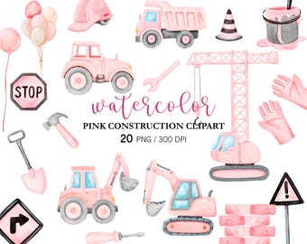 Pink  Construction Truck Clipart PNG, Hand Painted Watercolor Girls Construction Vehicles, Tools, Crane, Tractor Pink Builder, Nursery Decor