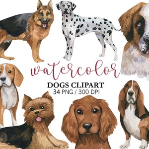 Watercolor Dogs Clipart, Pet clipart, Animal Clipart, PNG, Nursery Decor, Cute clipart, Watercolor Dogs portrait, Birthday Decor, dogs breed image 1