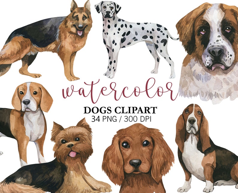 Watercolor Dogs Clipart, Pet clipart, Animal Clipart, PNG, Nursery Decor, Cute clipart, Watercolor Dogs portrait, Birthday Decor, dogs breed image 1