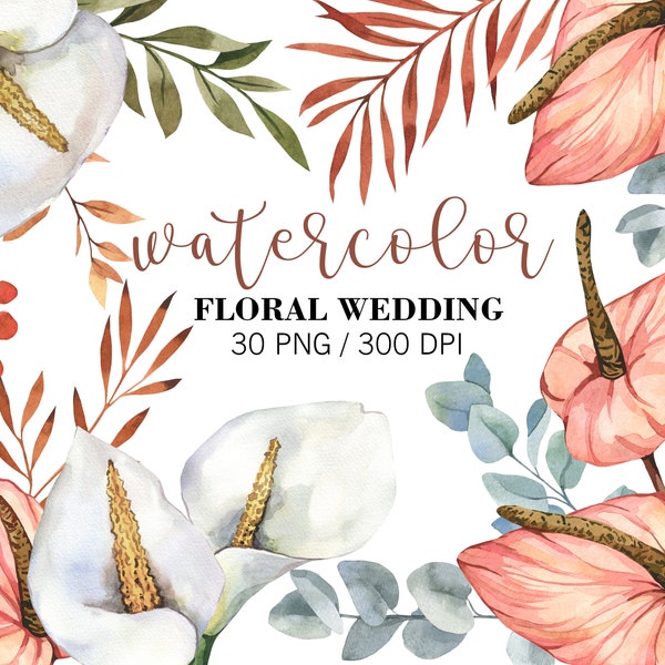 Watercolor Wedding Floral Clipart, Flowers Clipart, Calla lilies clipart, Wedding Design, PNG, Tropical flowers clipart, Florals wedding