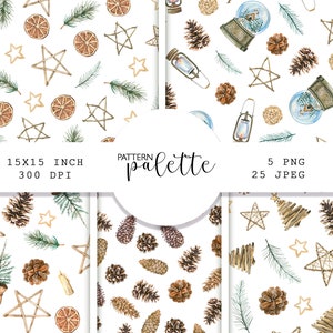 Modèles sans couture aquarelle de Noël, arbre de Noël, PNG, brunchs de pin, pommes de pin, fond d'hiver, décor scandinave, décor d'hiver