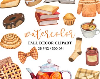 Decoración otoñal en acuarela, imágenes prediseñadas de otoño, otoño acogedor, pegatinas para agendas, pastel de calabaza, PNG de decoración del hogar, favoritos de otoño, suéter de decoración de granja