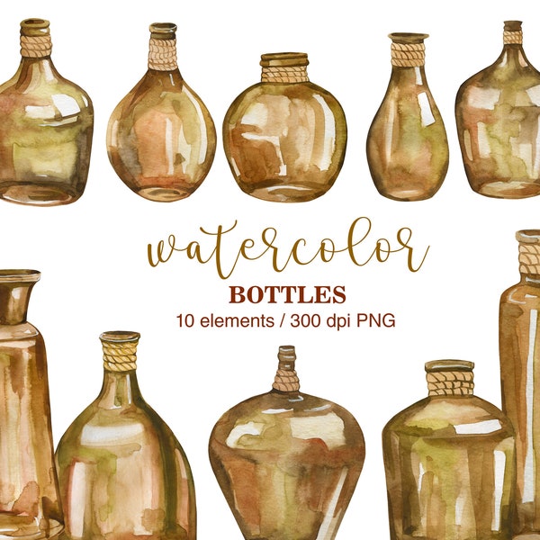 Watercolor bottle PNG clipart, Brown glass bottle clipart, Boho Vases, Watercolor bottles, Boho bottles, planner clipart, Home decor clipart