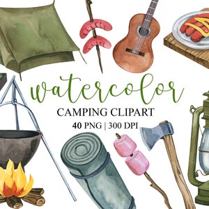 Aquarel camping clipart, reizen clipart, png, avontuur, familievakantie, zomer clipart, natuur clipart, toeristische rugzak graphics, DIY
