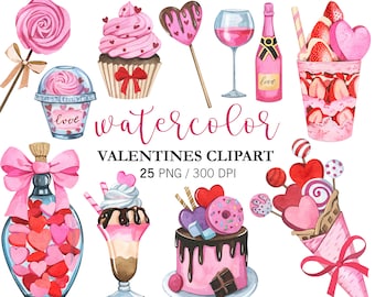 Watercolor Valentine's Day Clipart: Sweets & Hearts PNG Digital Download