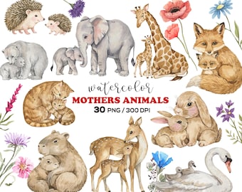 Mother Baby Animal Clipart PNG, Watercolor Mom and Baby Animals, Nursery Animal Clipart, Baby Shower PNG, Wildlife Mother's Day Clipart