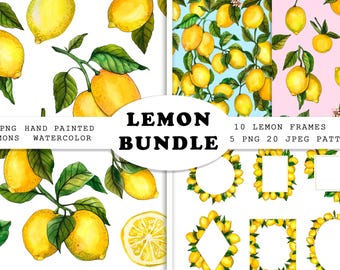 Paquete de limones en acuarela PNG Marcos de cítricos, patrones sin costuras, arte de limones pintado a mano, decoración de frutas de verano mediterráneas Fiesta de cumpleaños de limones