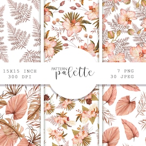 Padrões de aquarela Boho Tropics Seamles, folhas de palmeira Monstera, casamento de verão tropical, padrão floral, padrões de aquarela, PNG, seco
