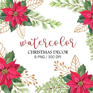 Decoração de Natal em aquarela, png de Natal, guirlanda de Natal, molduras de poinsétia vermelha, clipart de inverno, poinsétia vermelha de inverno, buquês florais