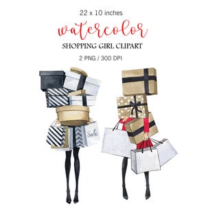 Watercolor Fashion Clipart, Shopping girl, Christmas png, Christmas gifts, PNG, Fashion girl png, New Year clipart, Fashion Planner Stickers image 1