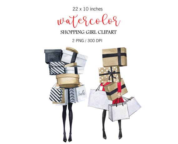 Watercolor Fashion Clipart, Shopping girl, Christmas png, Christmas gifts, PNG, Fashion girl png, New Year clipart, Fashion Planner Stickers