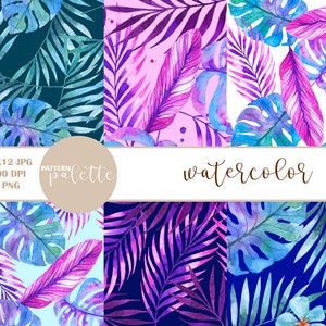 May include: A set of four seamless watercolour patterns featuring tropical leaves in shades of blue, purple, and pink. The patterns are perfect for creating digital or printed designs.
