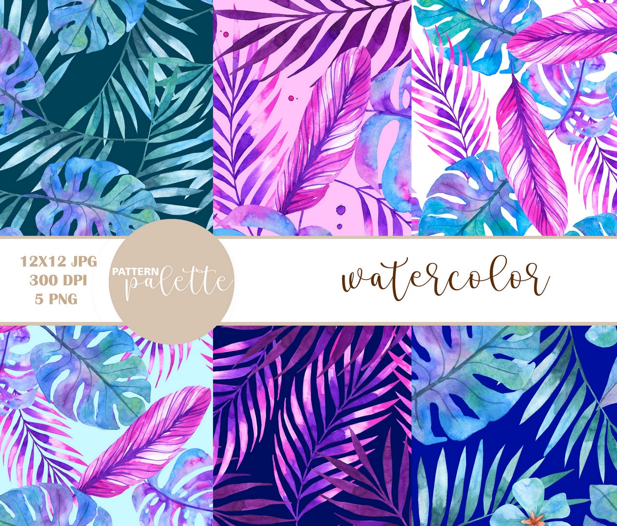 Pink Tropics Patterns, Seamless pattern, Watercolor patterns, PNG Files, Monstera, Palm Leaves, Exotic flowers, Instand download