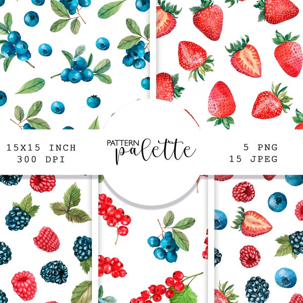 Watercolor berries seamless pattern, berry digital paper, strawberry, blackberry, blueberry pattern, raspberry, Kitchen Decor, Scrapbooking