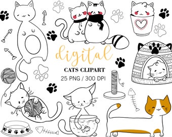 Paquete de imágenes PNG de lindos dibujos de gatos, imágenes prediseñadas de gatos divertidos en línea negra, dibujos de gatos pintados a mano, imágenes prediseñadas para guardería, imágenes PNG de gatos kawaii, diseño para sublimación