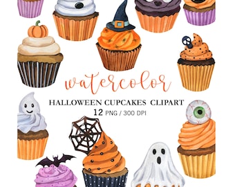 Watercolor Halloween Cupcakes Clipart: Spooky Party Decor Digital Download PNG