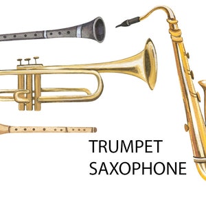 May include: A watercolor illustration of four musical instruments: a gold trumpet, a gold saxophone, a brown wooden flute, and a black clarinet. The text "TRUMPET SAXOPHONE" is written below the instruments.