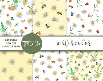 Paquete de papeles digitales de jardín de margaritas en acuarela, paquete de patrones florales sin costuras, papel de scrapbooking de margaritas en tonos pastel, fondos imprimibles, PNG de verano