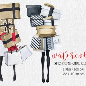 May include: Two watercolor illustrations of women carrying shopping bags and boxes. The women are wearing red and black clothing. The bags and boxes are various sizes and colors, including black, white, brown, and red. The text "Sale" is visible on one of the bags.
