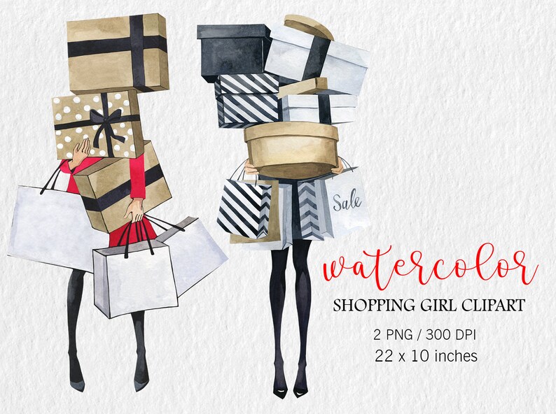 May include: Two watercolor illustrations of women carrying shopping bags and boxes. The women are wearing red and black clothing. The bags and boxes are various sizes and colors, including black, white, brown, and red. The text "Sale" is visible on one of the bags.