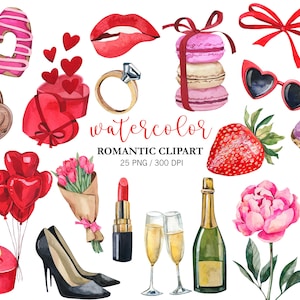 Watercolor Valentines day Clipart, Romantic Clipart, Wedding Clipart, Love PNG, Red Lips, Kissing Clipart, Ring, Heart Balloons, Wine, Tulip image 1