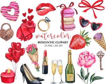 Watercolor Valentines day Clipart, Romantic Clipart, Wedding Clipart, Love PNG, Red Lips, Kissing Clipart, Ring, Heart Balloons, Wine, Tulip