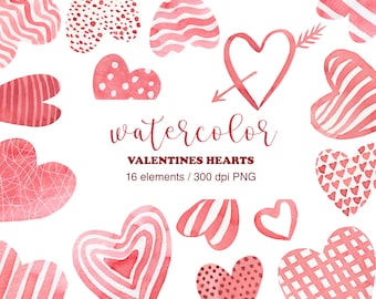 Red Watercolor Hearts Clipart, Valentines day clip art, Love clipart, Romantic Clipart, Heart shape, Hand Drawn Clipart, Digital Heart PNG