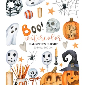 Watercolor Halloween Clipart, Halloween Party Decor, Halloween pumpkin clipart, Fall Clipart, PNG, Pumpkin Decor, cobwebs, spider. Digital