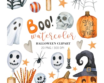 Watercolor Halloween Clipart, Halloween Party Decor, Halloween pumpkin clipart, Fall Clipart, PNG, Pumpkin Decor, cobwebs, spider. Digital