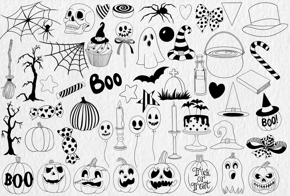 Black Line Halloween Clipart, Line Drawing, Doodle Clipart, Fall ...