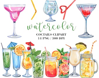 Imágenes prediseñadas de cóctel de acuarela, imágenes prediseñadas de bebidas, imágenes prediseñadas de verano, imágenes prediseñadas de fiesta de verano, imágenes prediseñadas de cócteles tropicales de acuarela, PNG, imágenes prediseñadas de playa