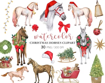 Watercolor Christmas Horse Clipart  2026 New Year Decor, horse PNG, Animal Clipart, Watercolor Horses