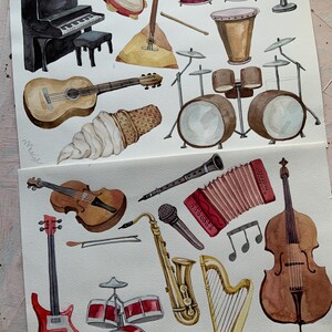 May include: A watercolor painting of various musical instruments, including a piano, guitar, violin, cello, saxophone, harp, drums, and an accordion. The painting also includes a microphone, ice cream cone, and a tambourine.