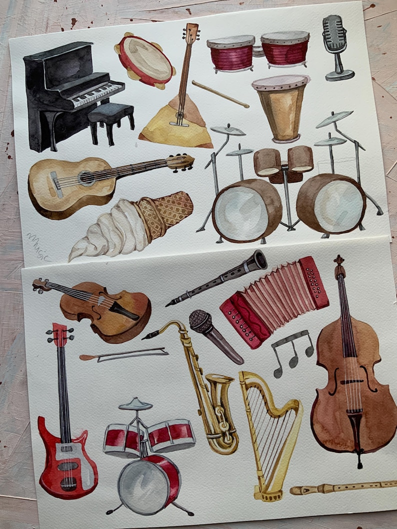May include: A watercolor painting of various musical instruments, including a piano, guitar, violin, cello, saxophone, harp, drums, and an accordion. The painting also includes a microphone, ice cream cone, and a tambourine.