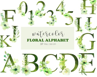 Green Floral Alphabet PNG Bundle, 37 Watercolor Botanical Letters Numbers, Wedding Monogram PNG, Greenery Name Clipart