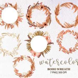 May include: Set of seven watercolor boho wreath illustrations with a white background. The wreaths are made of dried grasses, pampas grass, and flowers in shades of brown, beige, and pink.