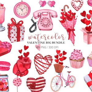 Watercolor Valentines Day BIG BUNDLE, Love png, Valentines Day Hand Painted, Valentines sweets, gifts, Hearts, Bikes, Valentines Stickers