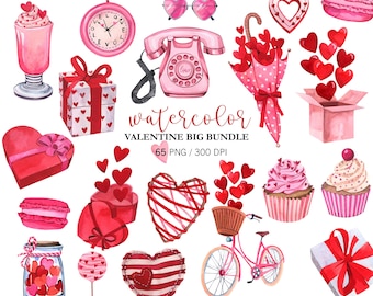 Watercolor Valentines Day BIG BUNDLE, Love png, Valentines Day Hand Painted, Valentines sweets, gifts, Hearts, Bikes, Valentines Stickers