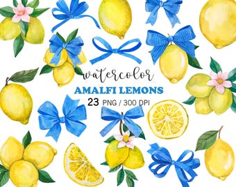 Paquete de imágenes prediseñadas PNG de limones de Amalfi en acuarela, limones pintados a mano y lazos azules, gráficos de cítricos de verano italianos de La Dolce Vita