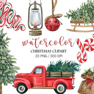 Decoración navideña en acuarela, PNG navideño, Camión rojo navideño en acuarela, árbol de Navidad, adornos navideños, decoración de Año Nuevo