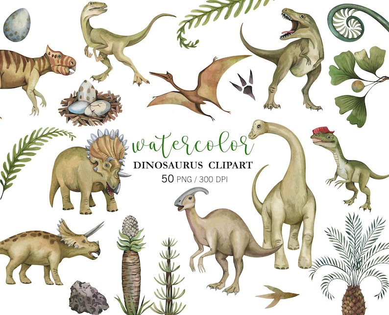 Dinosaur birthday party Decor, Watercolor Dinosaur Clipart PNG, Nursery Wall Art Clipart, Dinosaur stickers, Dinosaur baby shower Designs image 1