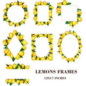 Watercolor Lemon Wreath, Watercolor Lemon Frame Clipart, Lemon wedding invitation, Summer Clipart, Citrus Clipart, PNG, Lemon tree, Decor