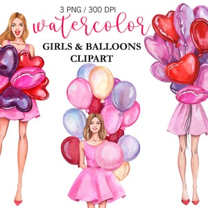 Chica de acuarela con globos, clipart de moda, clipart de San Valentín, decoración de cumpleaños con globos, PNG de amor, clipart de moda, pegatinas para planificador