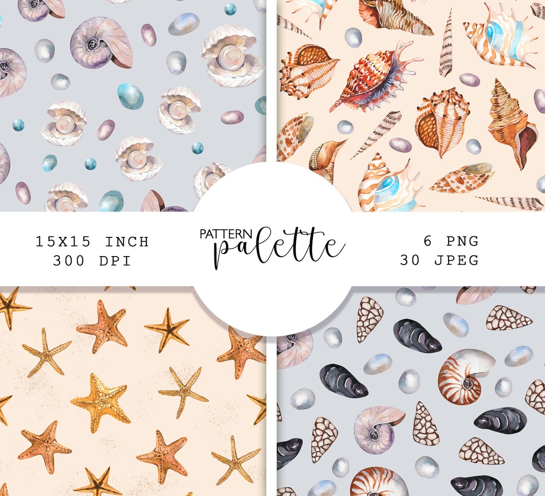 Watercolor Seashells Seamless Patterns, Ocean Seashell, Watercolor ...